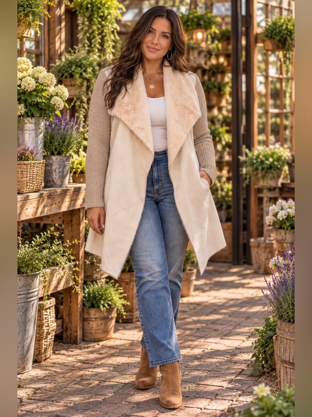 Twelfth Love Faux-Shearling Draped Fir Suede Coat - Cream Size Large NWOT